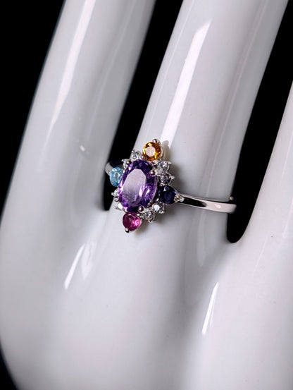 Vintage Genuine Amethyst, Citrine, Iolite, Topaz Starburst Sterling Ring