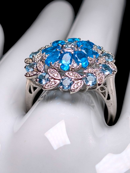 Vintage Dazzling Starburst Cluster Genuine Blue Apatite and Topaz Sterling Silver Statement Ring