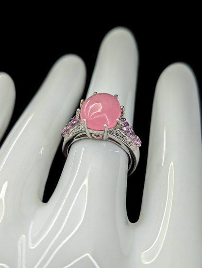 Vintage Karis Oval Cabochon Cut Genuine Pink Jade and Genuine Pink Sapphire Sterling Silver Ring