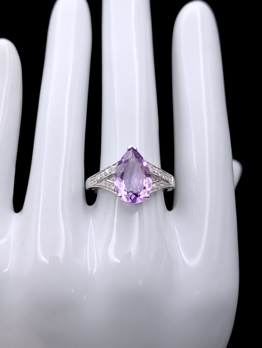 Vintage Solitaire Pear Cut Purple Amethyst Simulated Diamond Accented Split Shank Sterling Silver Ring