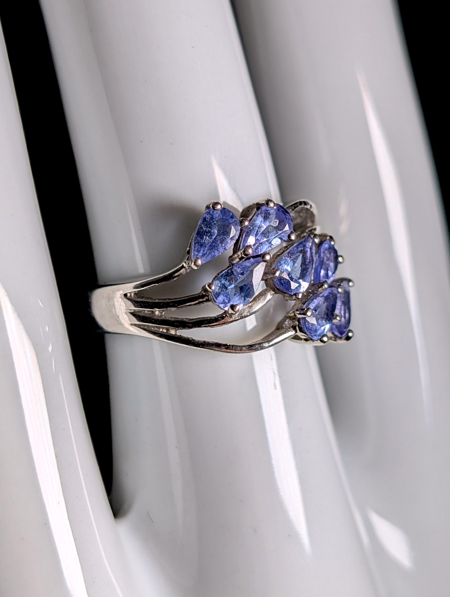 Vintage Waterfall Cluster Pear Cut Earth Mined Genuine Tanzanite Sterling Silver Ring