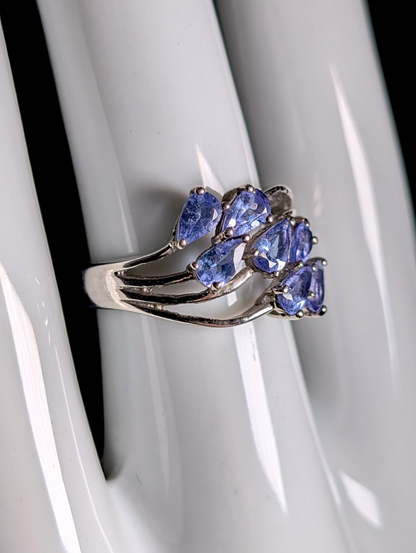 Vintage Waterfall Cluster Pear Cut Earth Mined Genuine Tanzanite Sterling Silver Ring