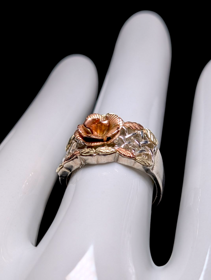 Vintage Black Hills Gold Carved Rose 12K Gold and Sterling Silver Basket Weave Ring