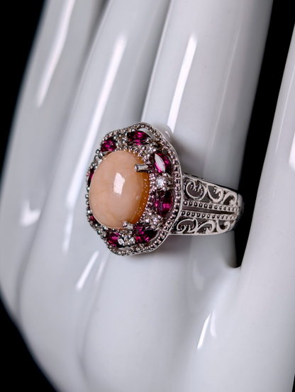 Vintage Edwardian Inspired Genuine Pink Opal Solitaire with Rhodolite Garnet and White TopazHalo Sterling Silver Filigree Ring
