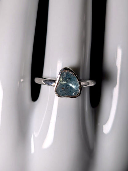 Vintage Raw Bezel Set Genuine Blue Diamond Solitaire Sterling Silver Ring