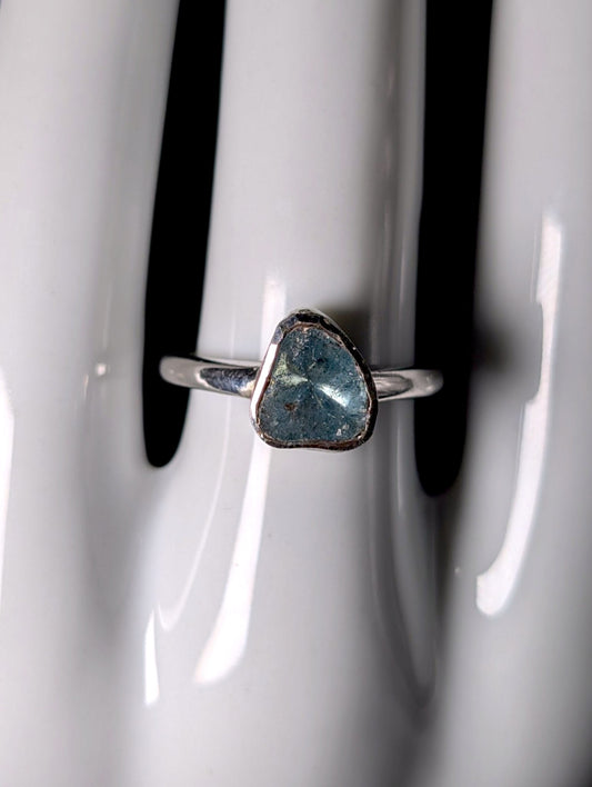 Vintage Raw Bezel Set Genuine Blue Diamond Solitaire Sterling Silver Ring