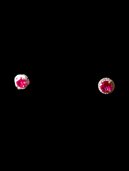 Vintage Genuine Ruby with Simulated Diamon Halo Sterling Silver Stud Earrings