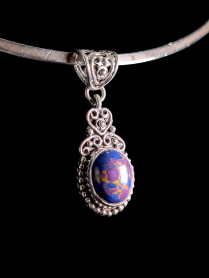 Vintage Oval Cut Bezel Cabochon Genuine Purple Turquoise Sterling Silver Studded Artisan Pendant