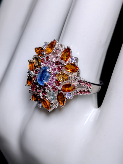 Vintage Cluster Starburst Multi-Gemstone Genuine Kyanite and Tourmaline Sterling Silver Statement Ring