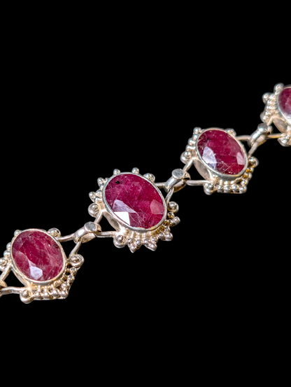 Vintage 50 Carat Artisan Oval Cut Genuine Earth Mined Ruby Sterling Silver Studded Toggle Bracelet