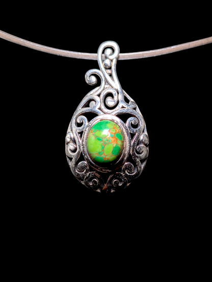 Vintage Oval Cut Bezel Cabochon Genuine Green Turquoise Sterling Silver Filigree Pendant