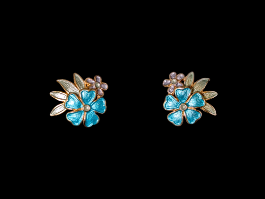 1950s-1960s Vintage Tropical Enamel Blue and Green Gold Toned Flowers Costume Clip On Earrings