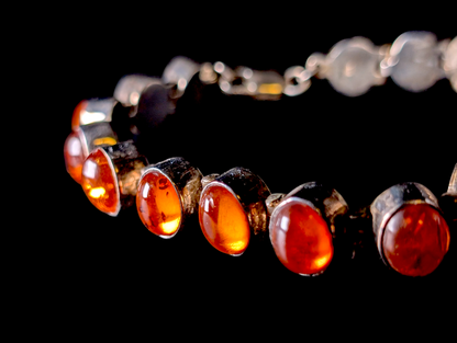 Vintage Oval Cut Cabochon Bezel Set Genuine Baltic Honey Amber Sterling Silver Tennis Bracelet