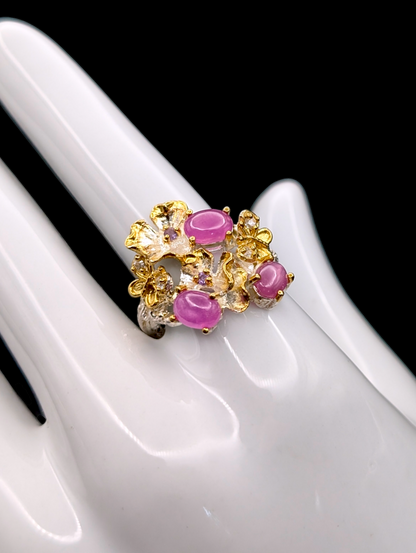 Vintage "Rubies in Springtime" Genuine Earth Mined Pink Ruby, Amethyst, and Zircon 14k Gold Dusted Sterling Silver Ring