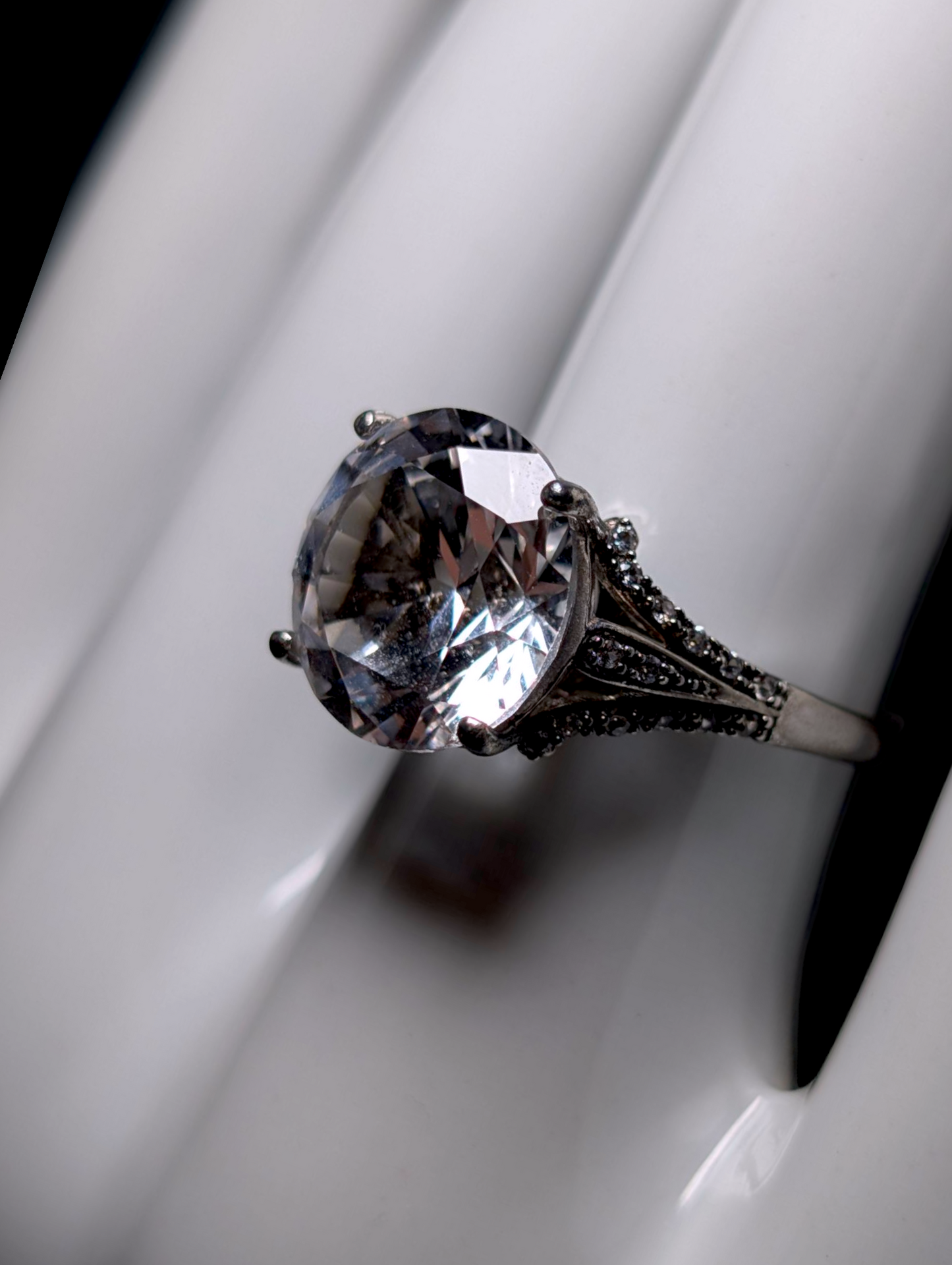 Vintage Large 6+ Carat Brilliant Round Cut Genuine White Sapphire Solitaire and Topaz Accent Sterling Silver Ring