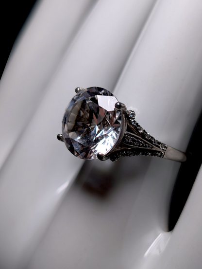 Vintage Large 6+ Carat Brilliant Round Cut Genuine White Sapphire Solitaire and Topaz Accent Sterling Silver Ring