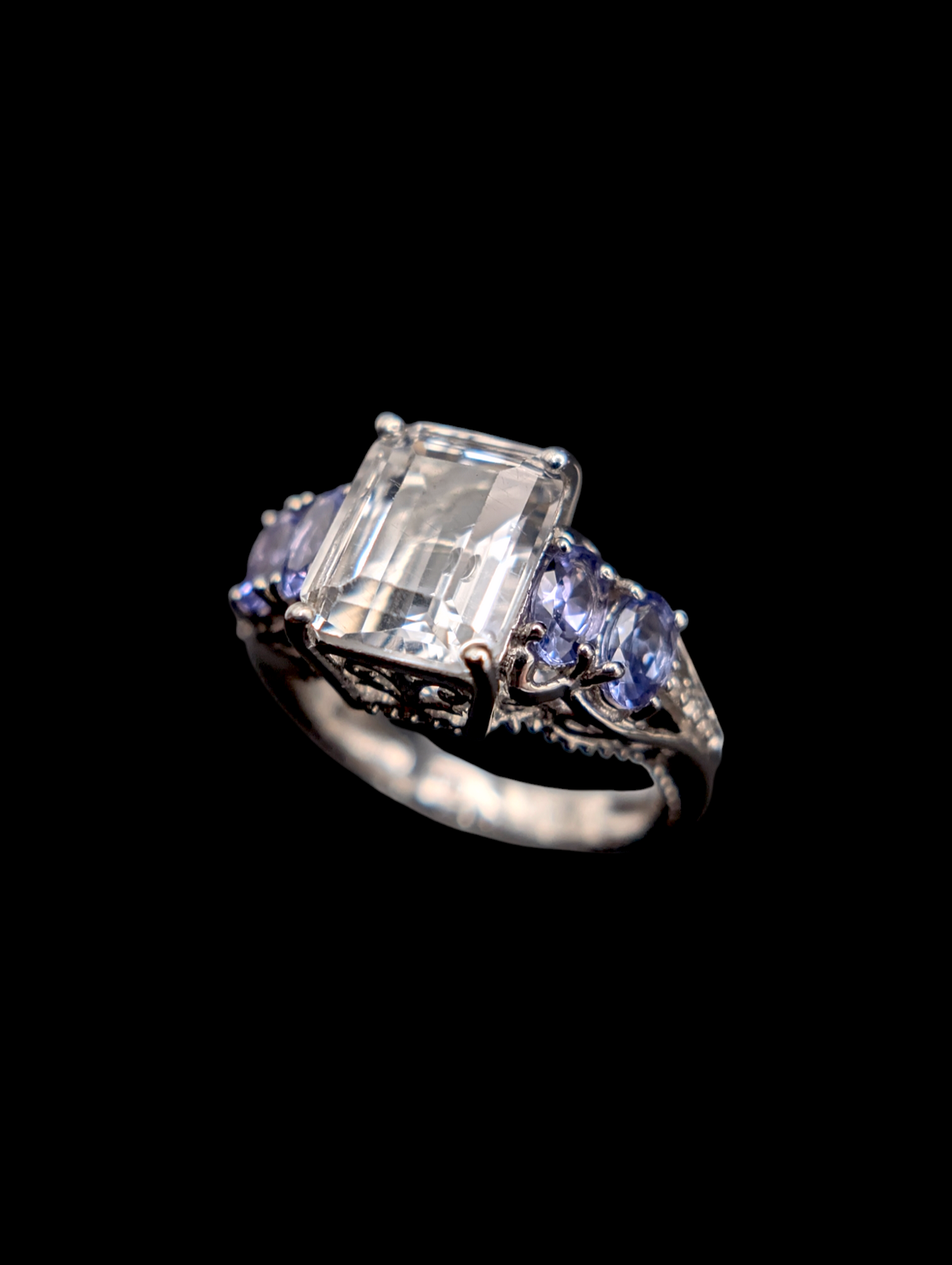 Vintage Inspired Genuine Zircon and Tanzanite Sterling Silver Ring