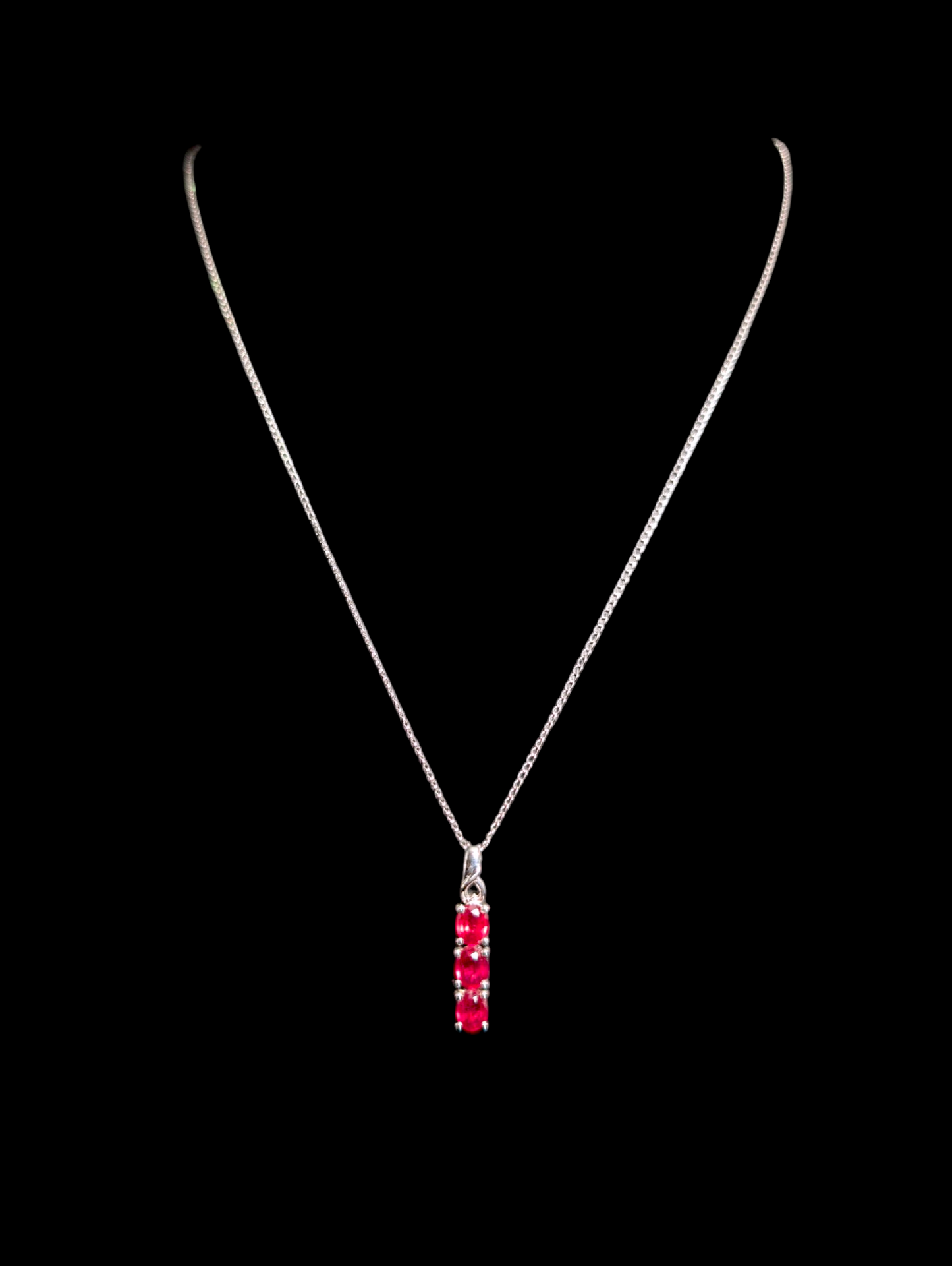 Vintage Oval Cut Three Stone Genuine Ruby Sterling Silver Dangle Pendant