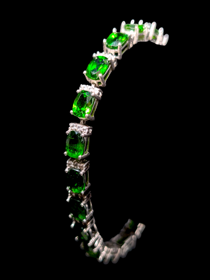 Vintage Inspired 17+ Carat Oval Cut Earth Mined Emerald Green Genuine Chrome Diopside and White Zircon Sterling Silver Tennis Bracelet with 14k White Gold Safety Chain