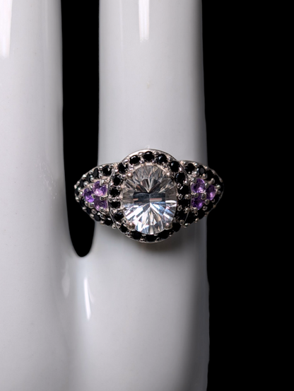 Vintage Oval Cut Earth Mined Genuine Rock Crystal Quartz Solitaire with Black Onyx Halo and Amethyst Accents Sterling Silver Ring