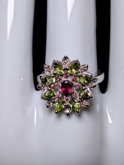 Vintage Flower Cluster Genuine Peridot, Pink Tourmaline and White Topaz Sterling Silver Statement Ring