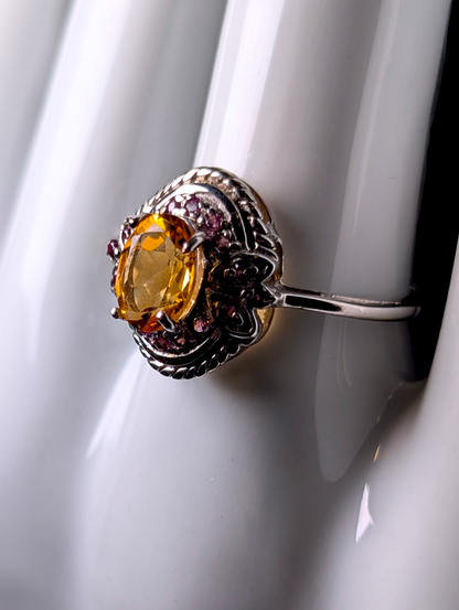 Vintage Oval Cut Genuine Citrine Solitaire and Amethyst Halo Sterling Silver Ring
