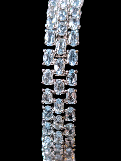 Vintage 20 carat Three Row Oval Cut Genuine Sky Blue Topaz Sterling Silver Tennis Bracelet
