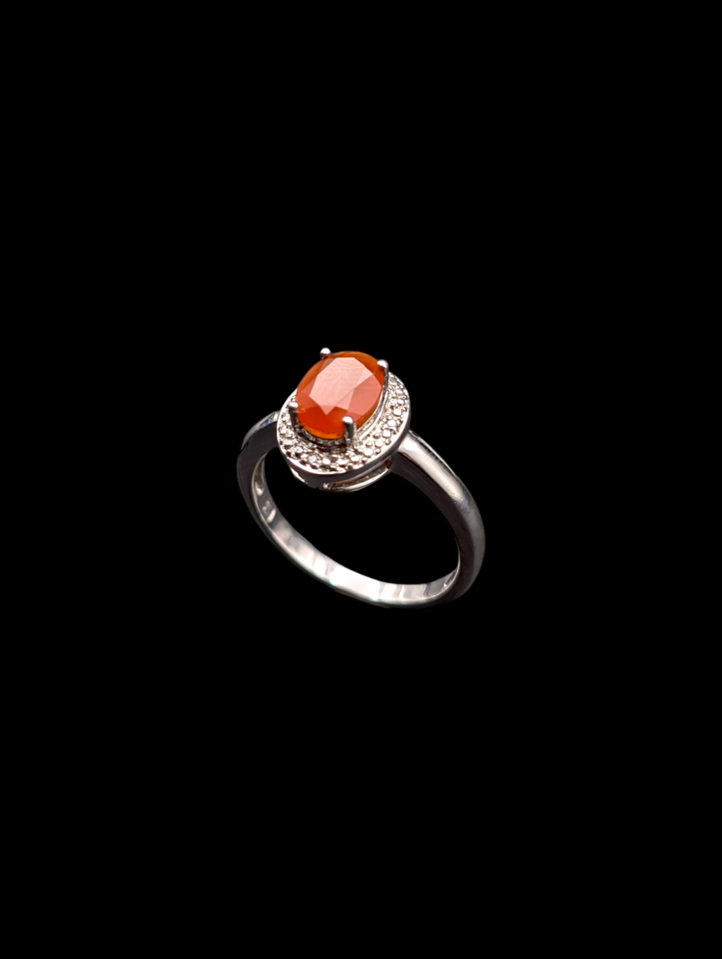 Vintage Solitaire Oval Rich Genuine Carnelian and Genuine Diamond Halo Sterling Silver Ring