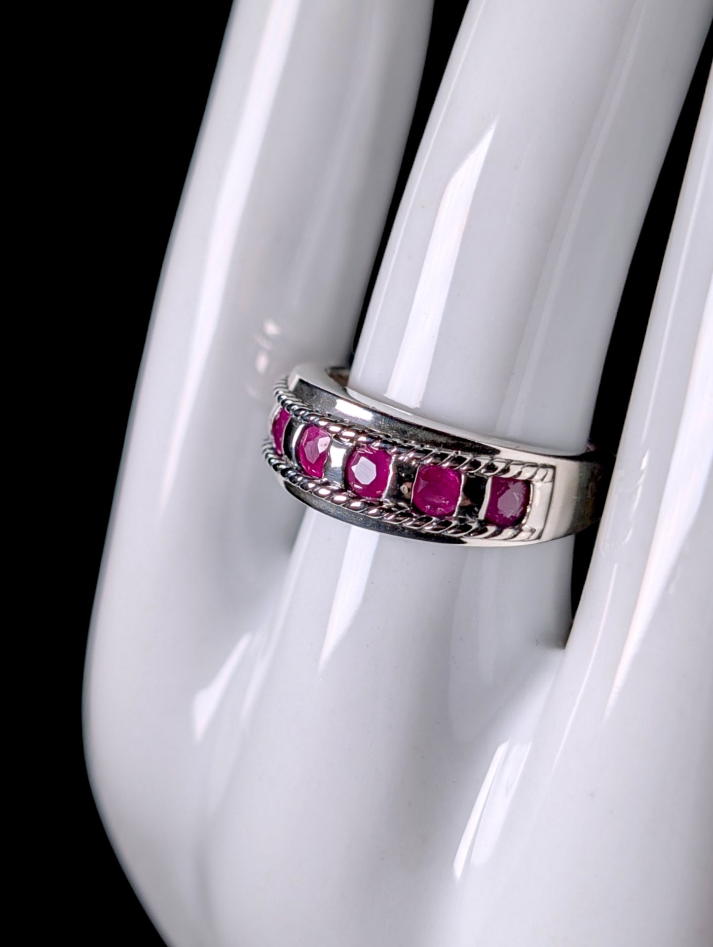 Vintage Round Row Genuine Ruby Braided Band Sterling Silver Ring