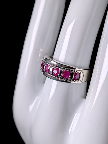 Vintage Round Row Genuine Ruby Braided Band Sterling Silver Ring