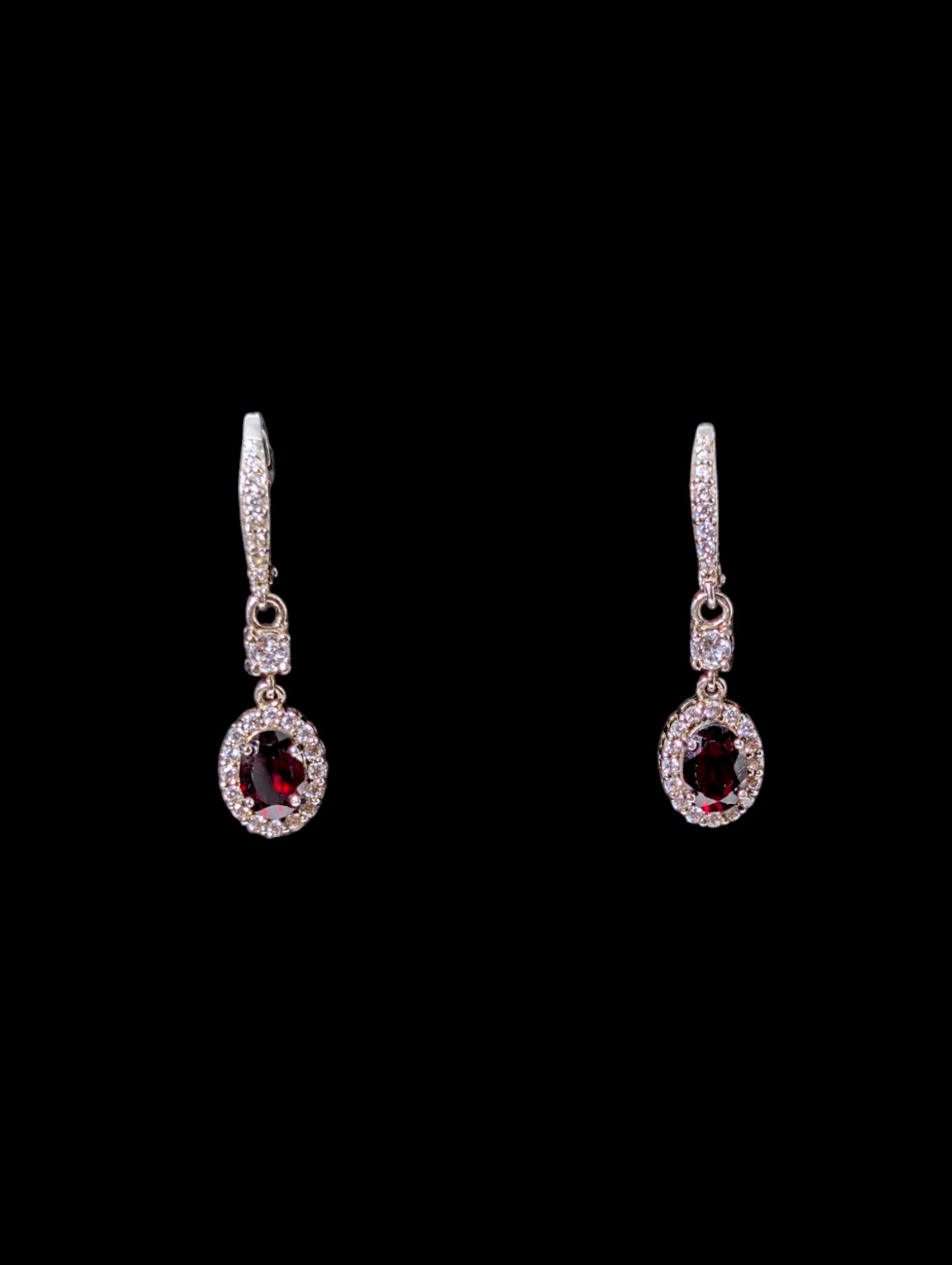 Vintage Genuine Garnet and Simulated Diamond Dangle Sterling Silver Earrings