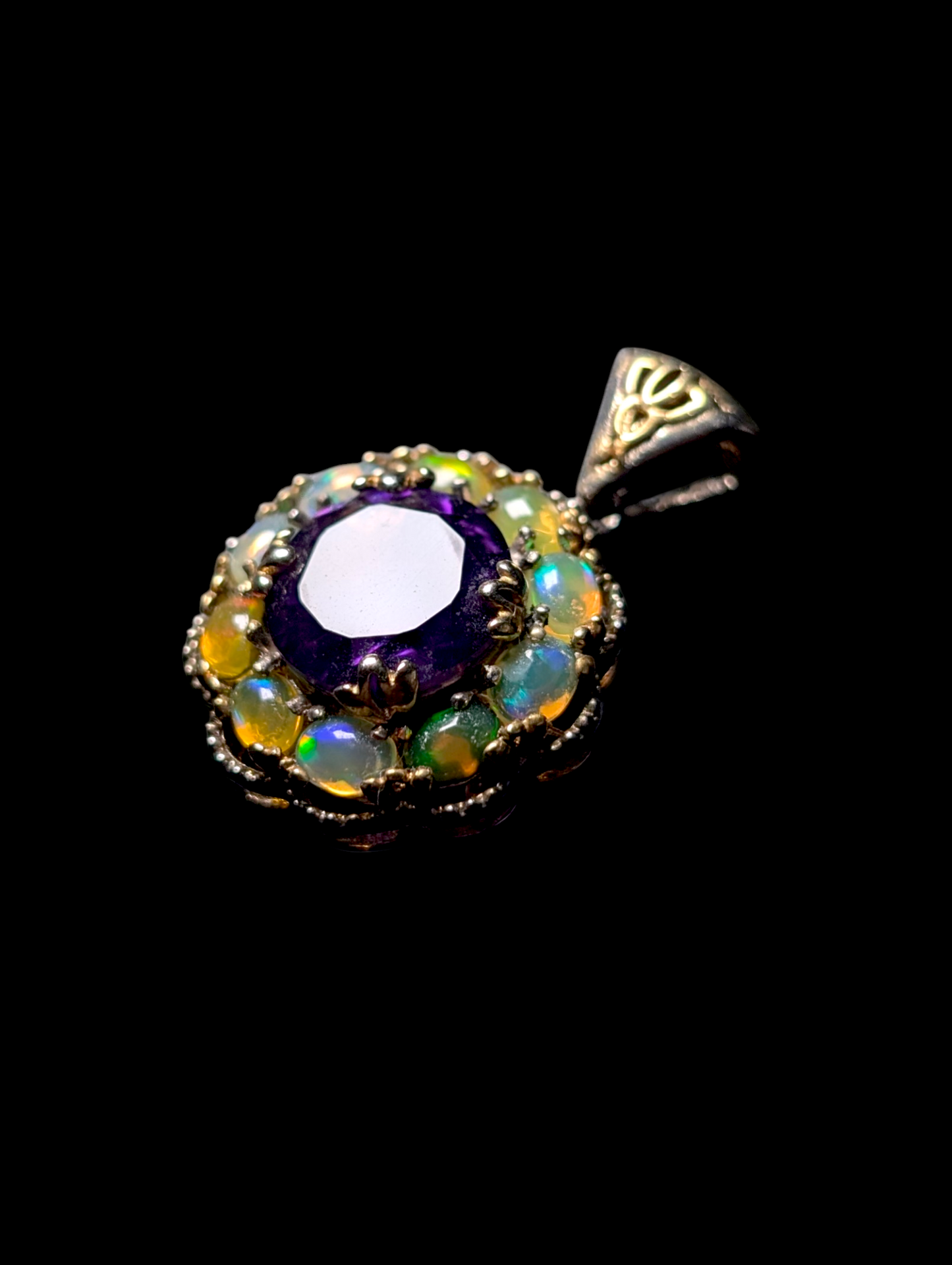 Vintage Art Nouveau Inspired Genuine Grape Purple Amethyst Solitaire and Ethiopian Opal Halo 14k Yellow Gold and Sterling Silver Pendant
