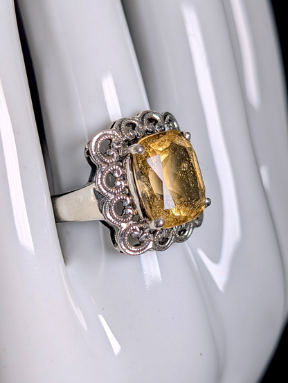 Vintage Large Georgian Inspired Radiant Cut Genuine Citrine Sterling Silver Filigree Halo Ring