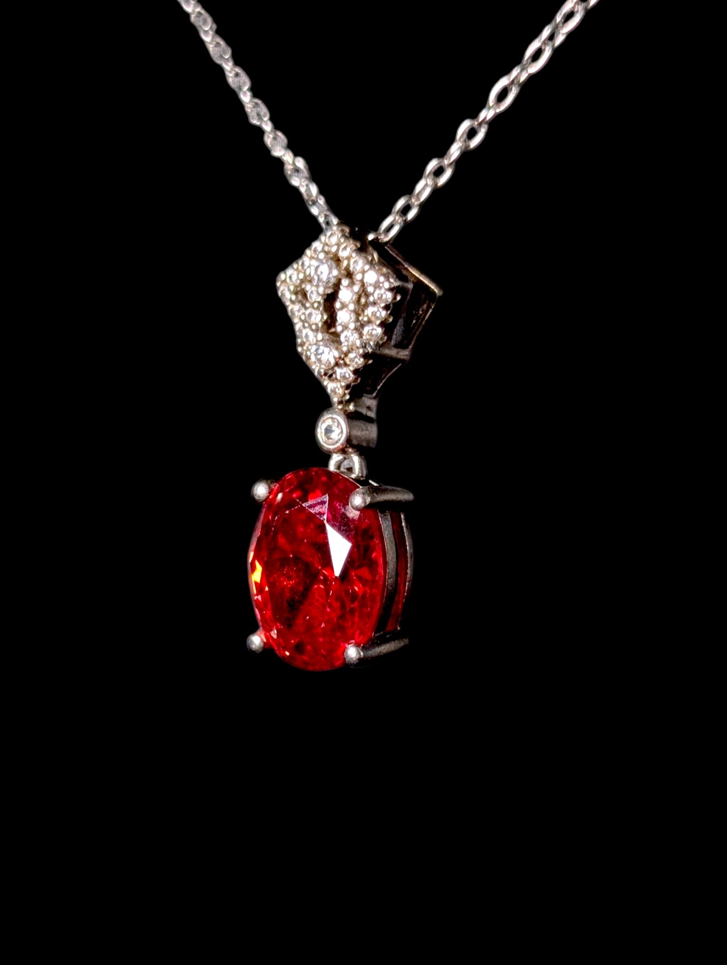 Vintage Simulated Mandarin Orange Garnet and Diamond Sterling Silver Pendant