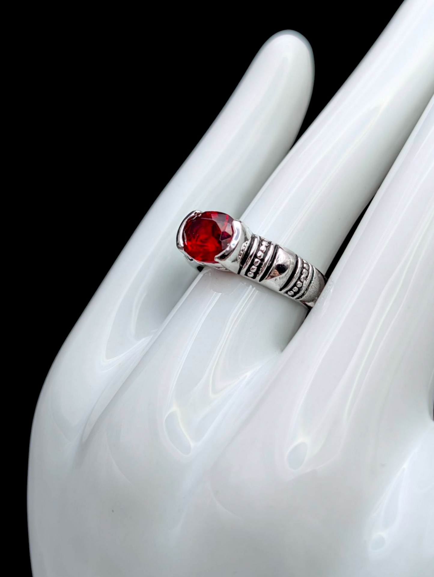 Vintage Oval Cut Simulated Red Garnet Solitaire Lia Sophia Silver Toned Studded Ring