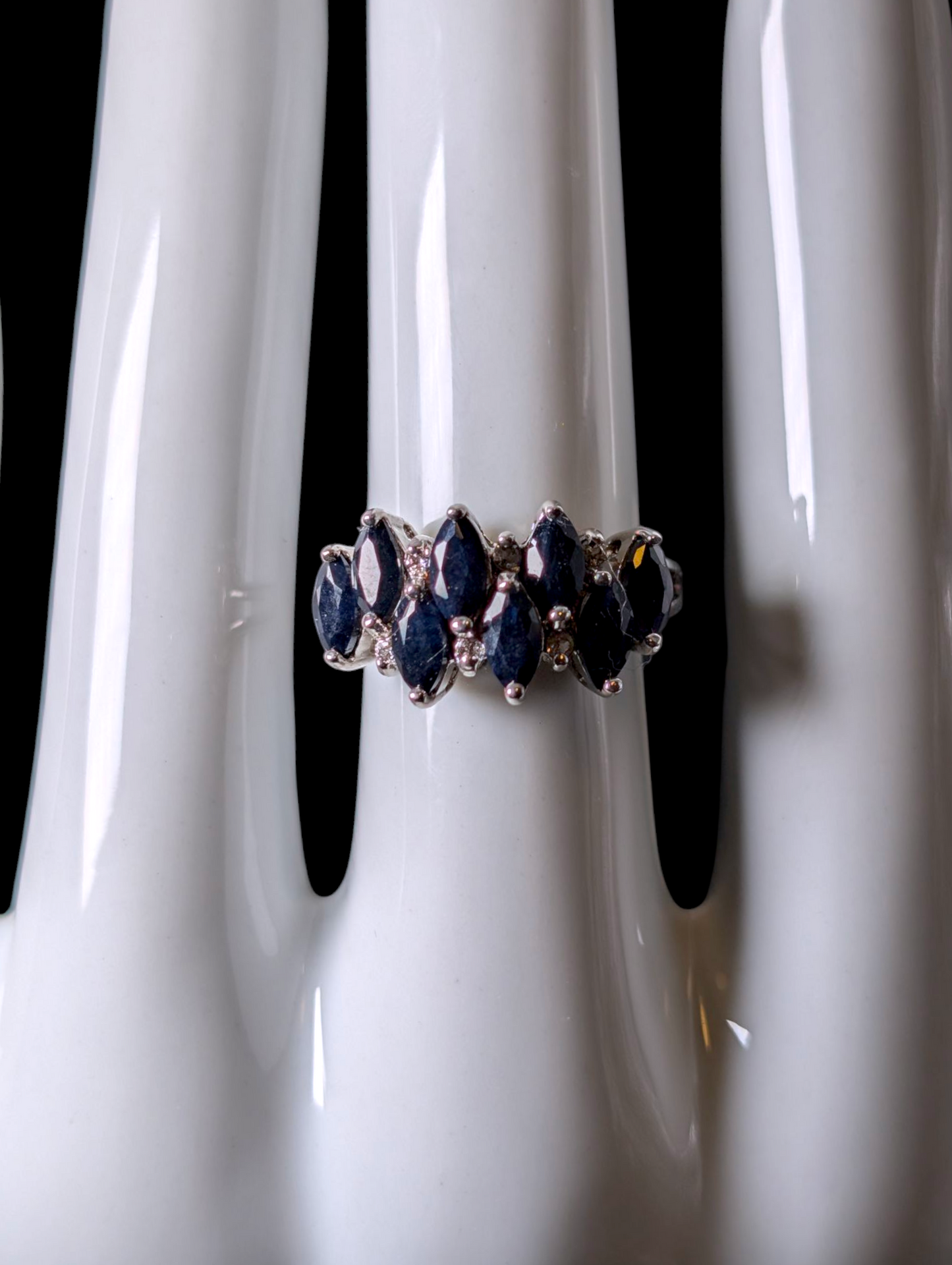Vintage Staggered Row Marquise Cut Earth Mined Genuine Blue Sapphire with White Zircon Accent Stones Sterling Silver Ring