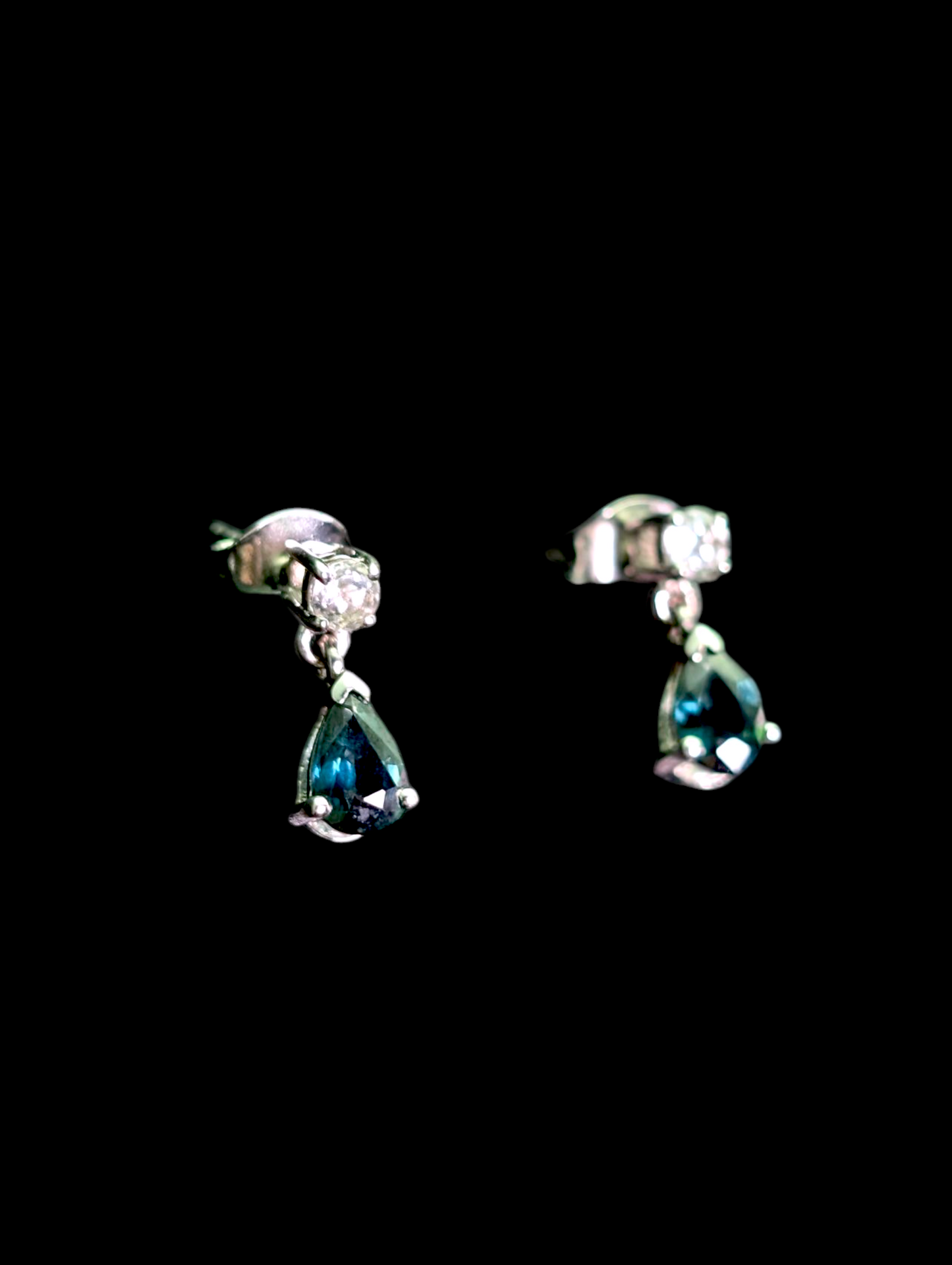 Vintage Pear Cut Genuine London Blue Topaz and White Zircon Sterling Silver Earrings