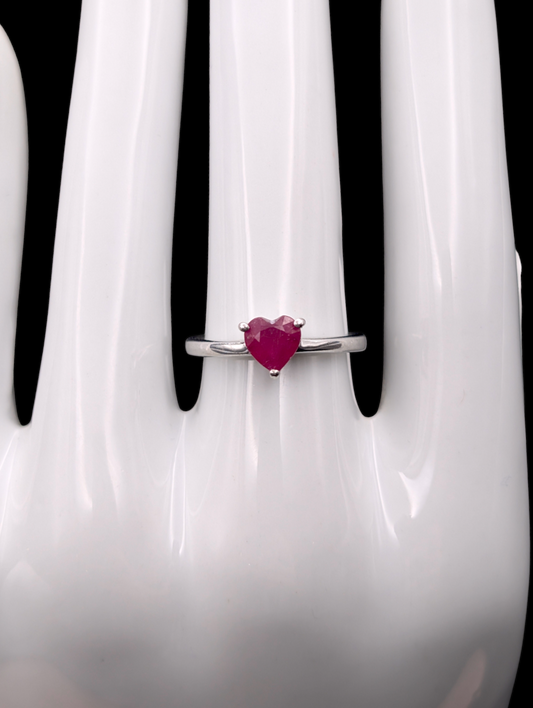 Vintage Genuine Earth Mined Red Ruby Heart Solitaire Minimalist Sterling Silver Ring