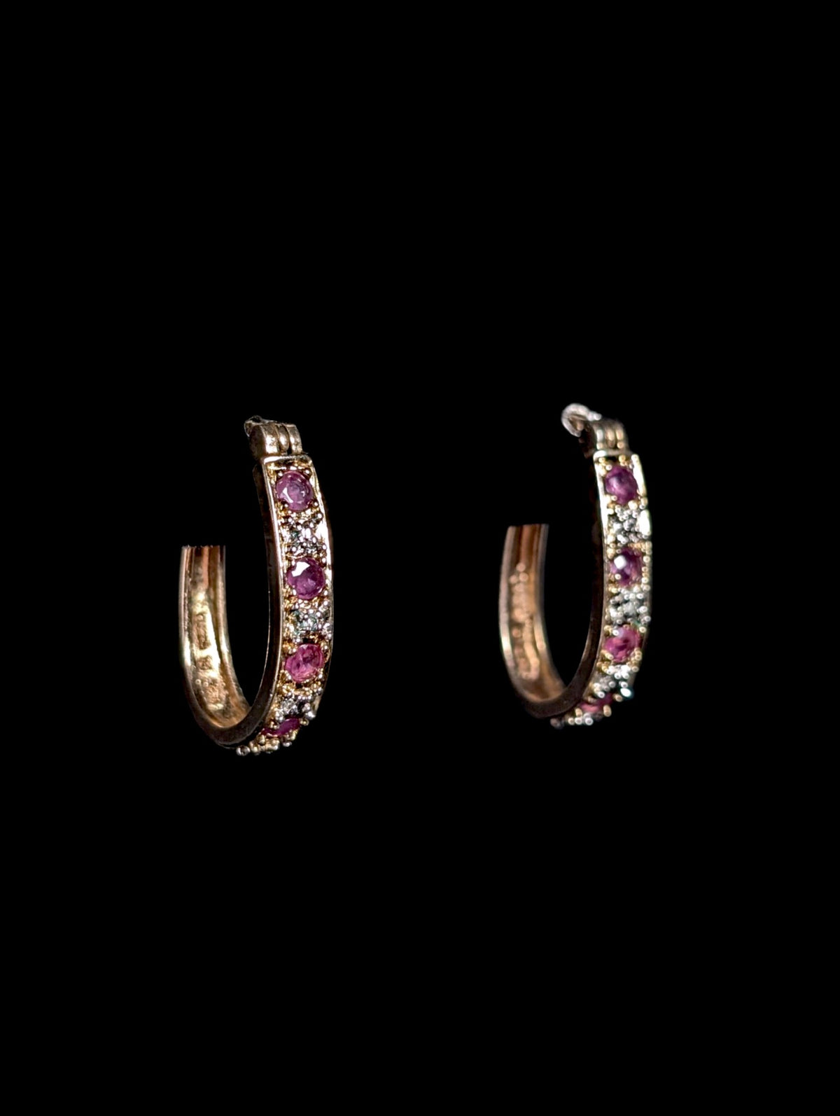 Vintage Genuine Ruby and Diamond Gold over Sterling Mini Oval Hoop Earrings