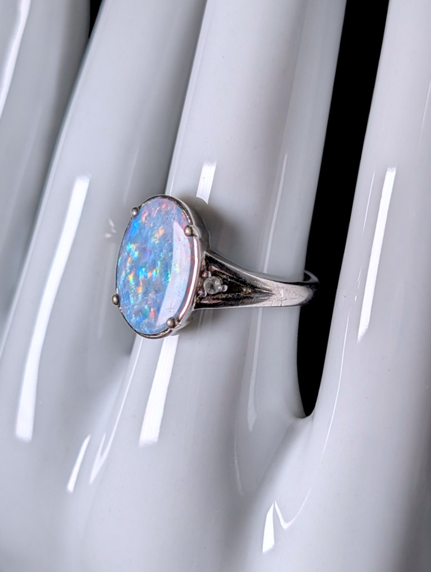 Vintage Oval Solitaire Genuine Opal Doublet and White Topaz Sterling Silver Split Shank Ring
