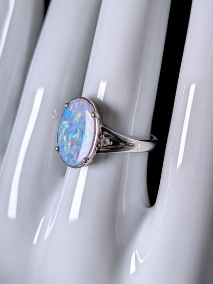 Vintage Oval Solitaire Genuine Opal Doublet and White Topaz Sterling Silver Split Shank Ring
