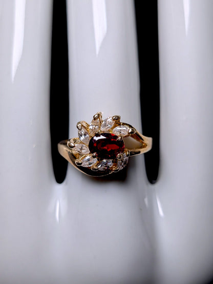 Vintage Genuine Garnet Solitaire with Simulated Diamond Halo Gold Over Sterling Silver Ring