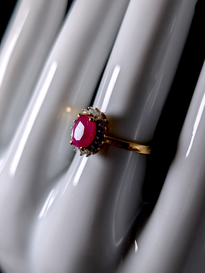Vintage Oval Cut Earth Mined Genuine Ruby Solitaire with Diamond Starburst Halo 18k Yellow Gold Vermeil Ring