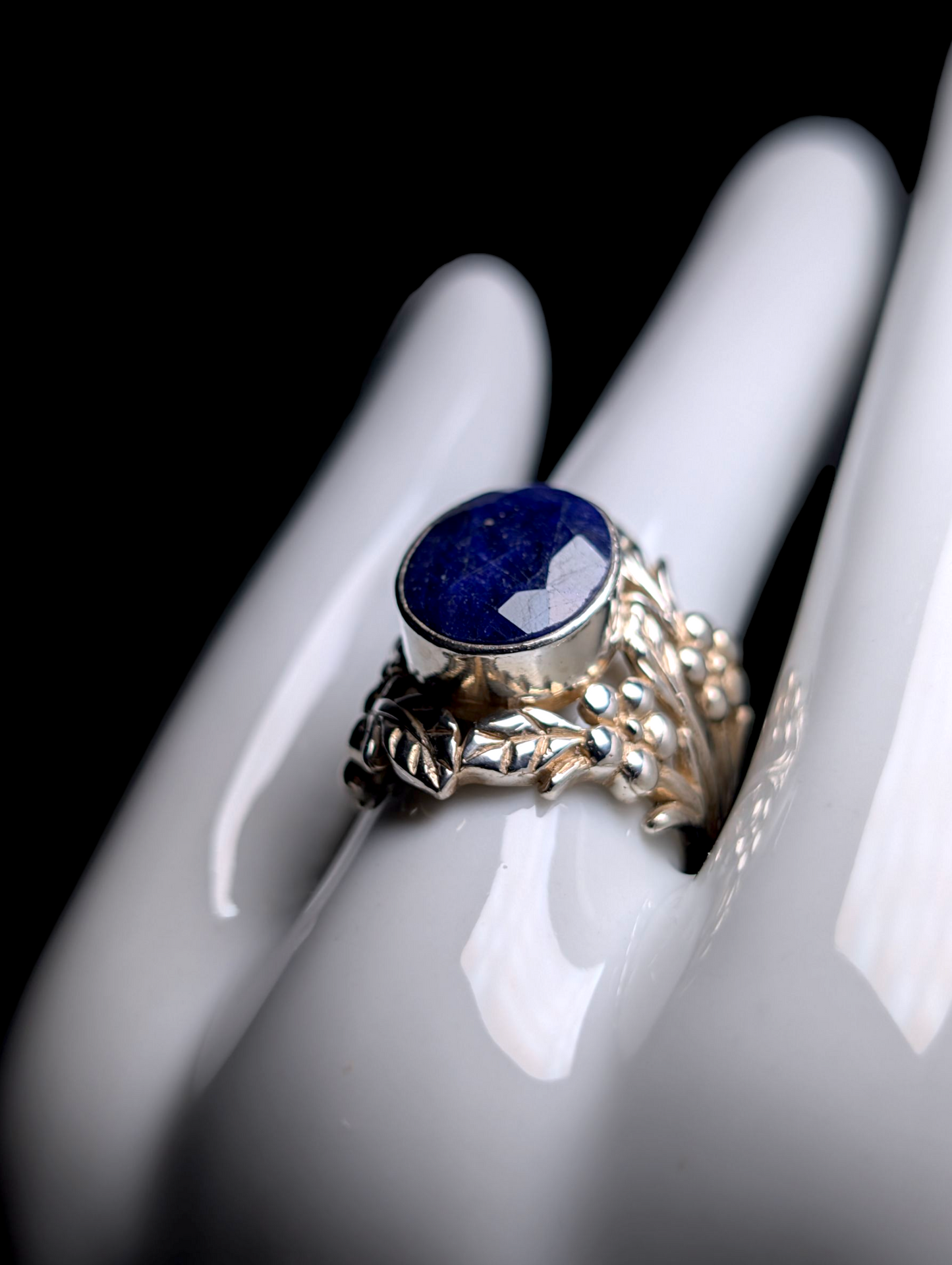 Vintage 6 Carat Art Nouveau Inspired Oval Cut Bezel Set Genuine Royal Blue Sapphire Solitaire Flower Filigree Sterling Silver Ring