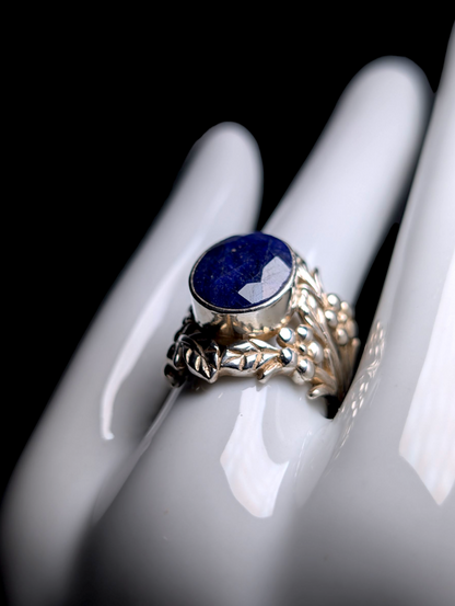 Vintage 6 Carat Art Nouveau Inspired Oval Cut Bezel Set Genuine Royal Blue Sapphire Solitaire Flower Filigree Sterling Silver Ring