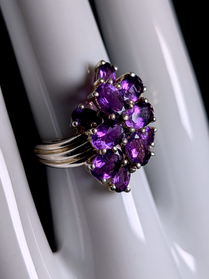 Vintage Cluster Waterfall Genuine Grape Purple Amethyst Sterling Silver Ring