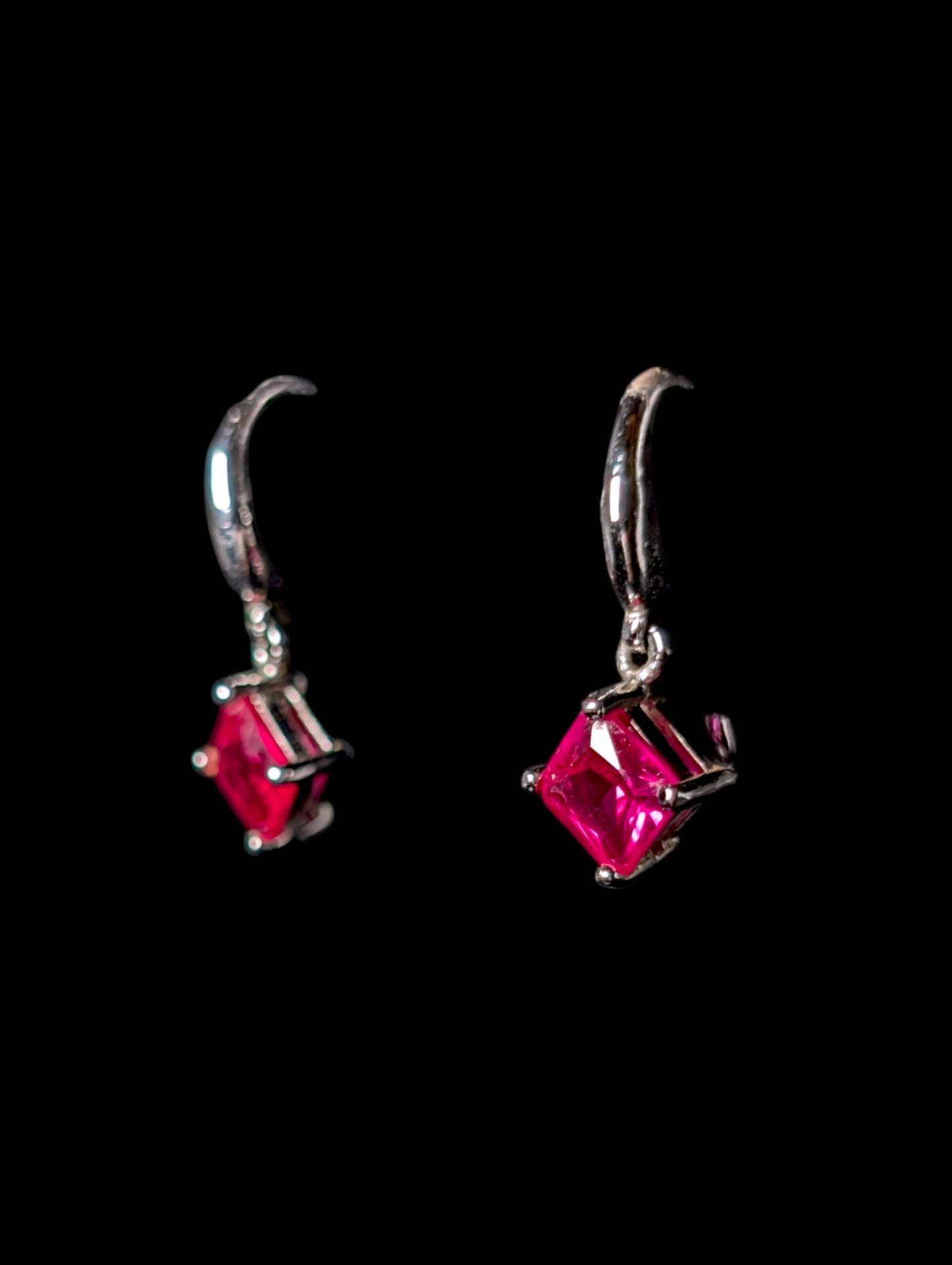 Vintage Diamond Shape Genuine Ruby Sterling Silver Dangle Earrings