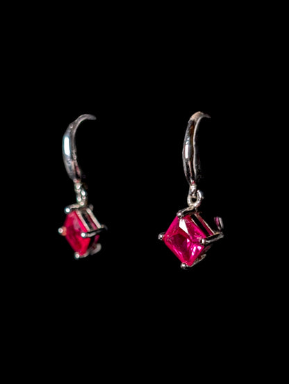 Vintage Diamond Shape Genuine Ruby Sterling Silver Dangle Earrings