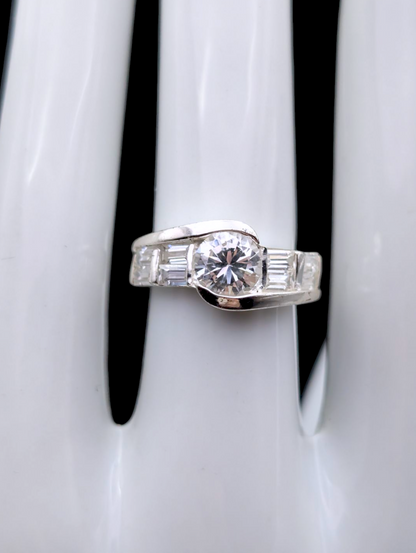 Vintage Bypass Semi-Bezel Set Simulated Diamond Baguette and Round Cut in Sterling Silver Statement Ring