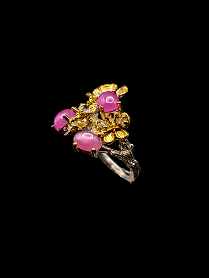 Vintage "Rubies in Springtime" Genuine Earth Mined Pink Ruby, Amethyst, and Zircon 14k Gold Dusted Sterling Silver Ring